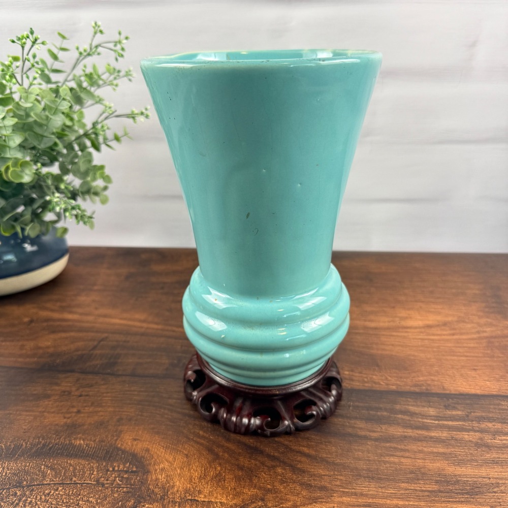McCoy USA Pottery Aqua Turquoise Flared Vase Ringed Base Mid Century